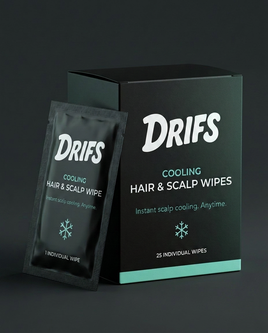 DRIFS matte black sachet and box of cooling hair and scalp wipes