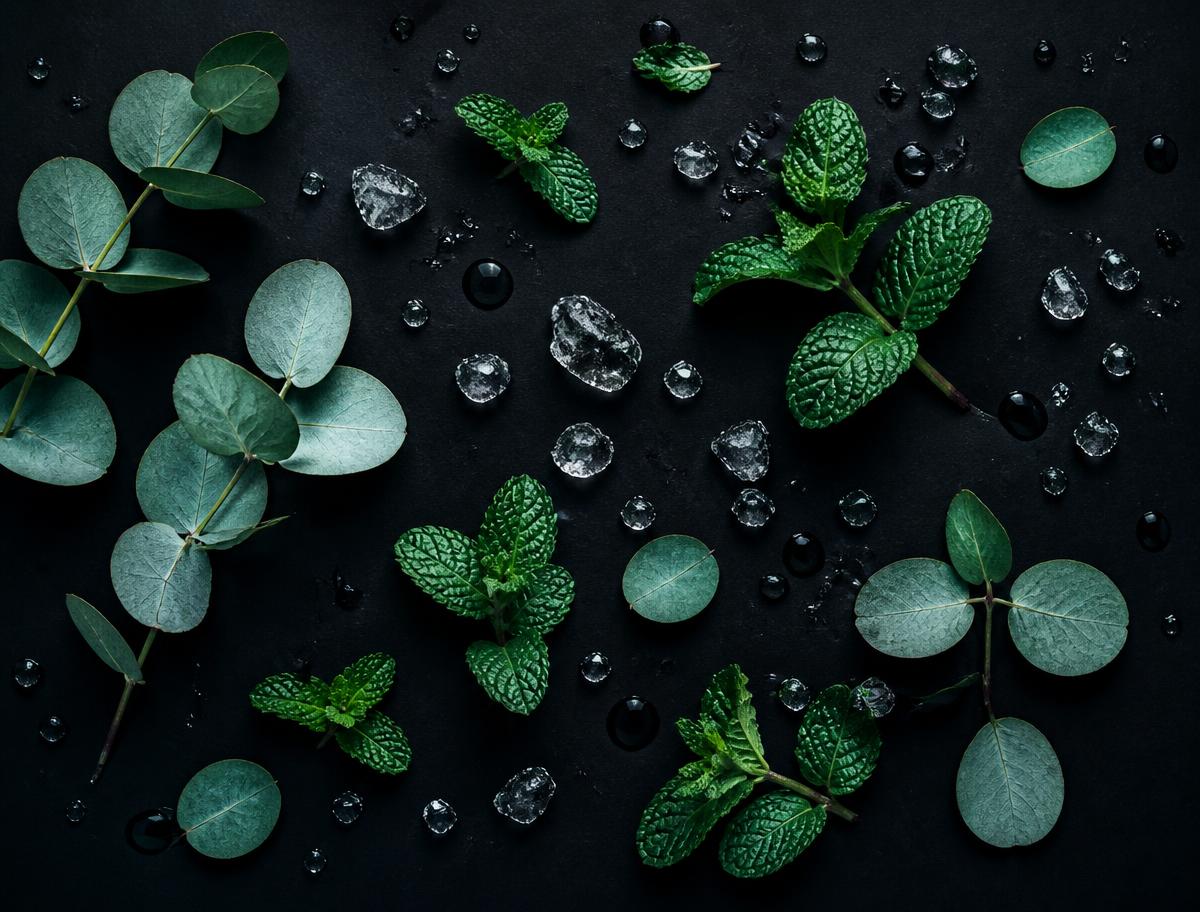 Eucalyptus leaves, peppermint and ice on a black surface