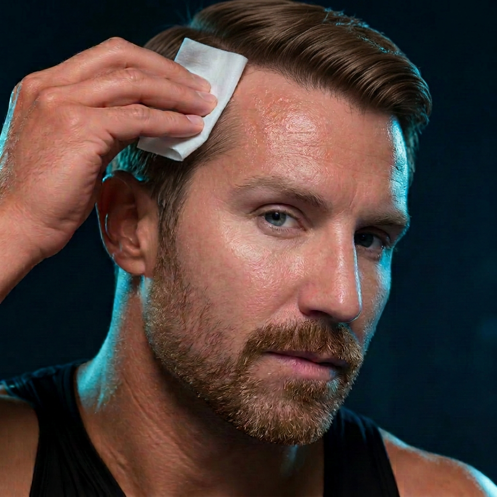 Man wiping his scalp and hairline with a DRIFS cooling wipe