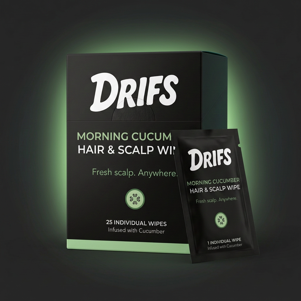 DRIFS Morning Cucumber hair and scalp wipes box with single sachet