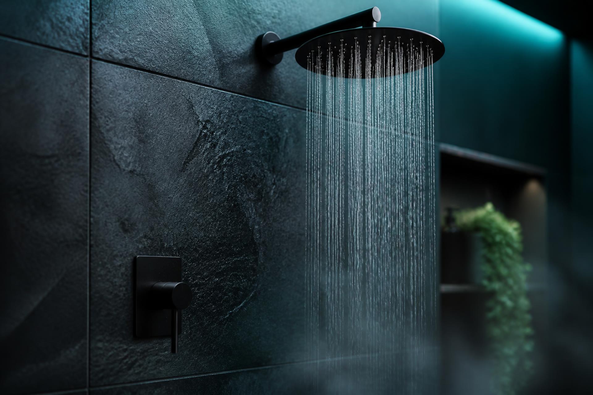Dark slate shower tiles with water streaming down